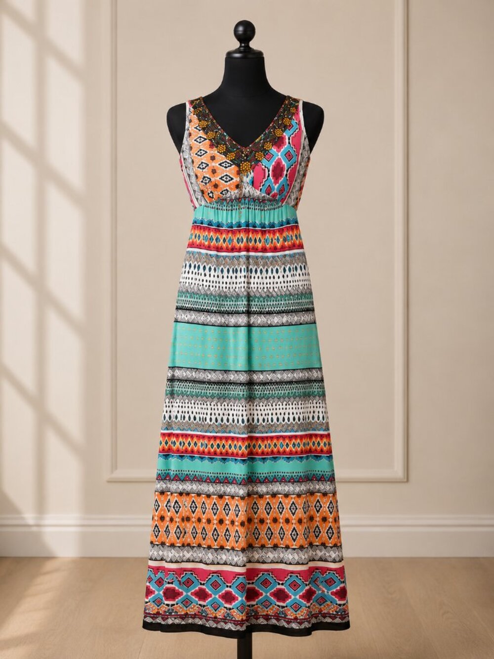 Chico's Beaded V-Neck Multi Print Geometric Aztec Maxi Dress Size 1 M Medium
